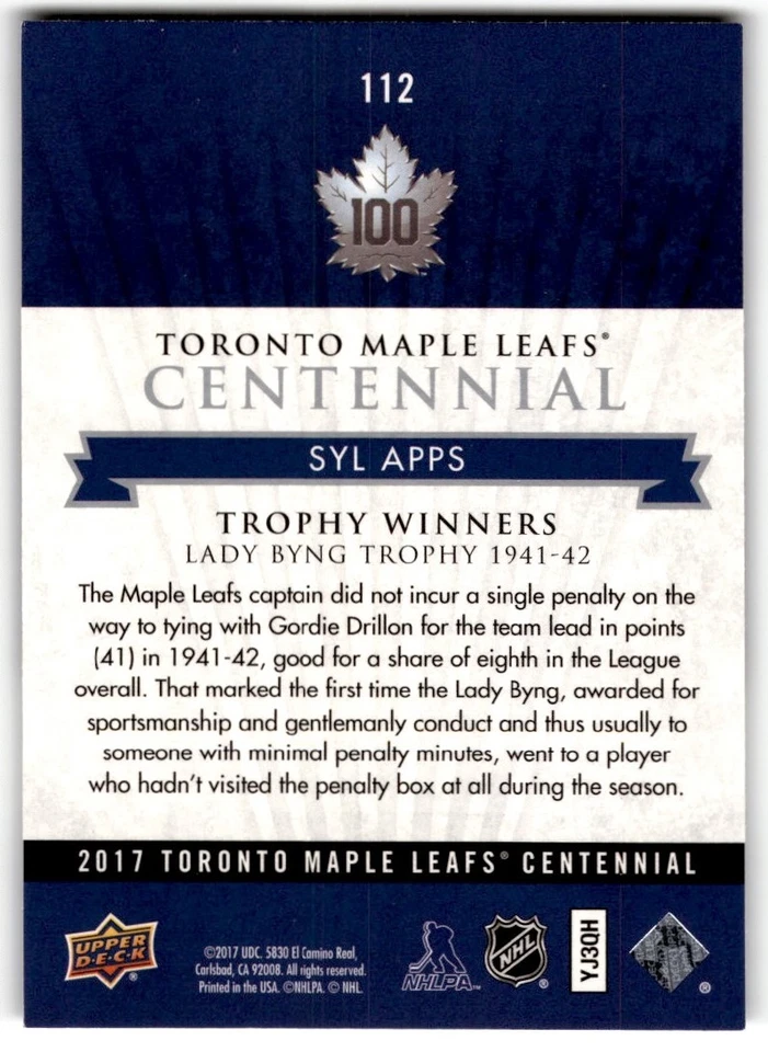 Syl Apps 2017-18 Upper Deck Toronto Maple Leafs Centennial SP #112 - Image 2 of 2
