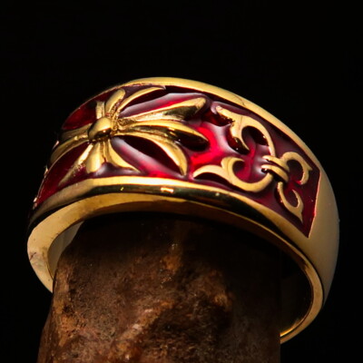FLEUR DE LIS RING, MENS BAND RING MEDIEVAL RING, LILY CROSS SYMBOL RED SIZE 13.5