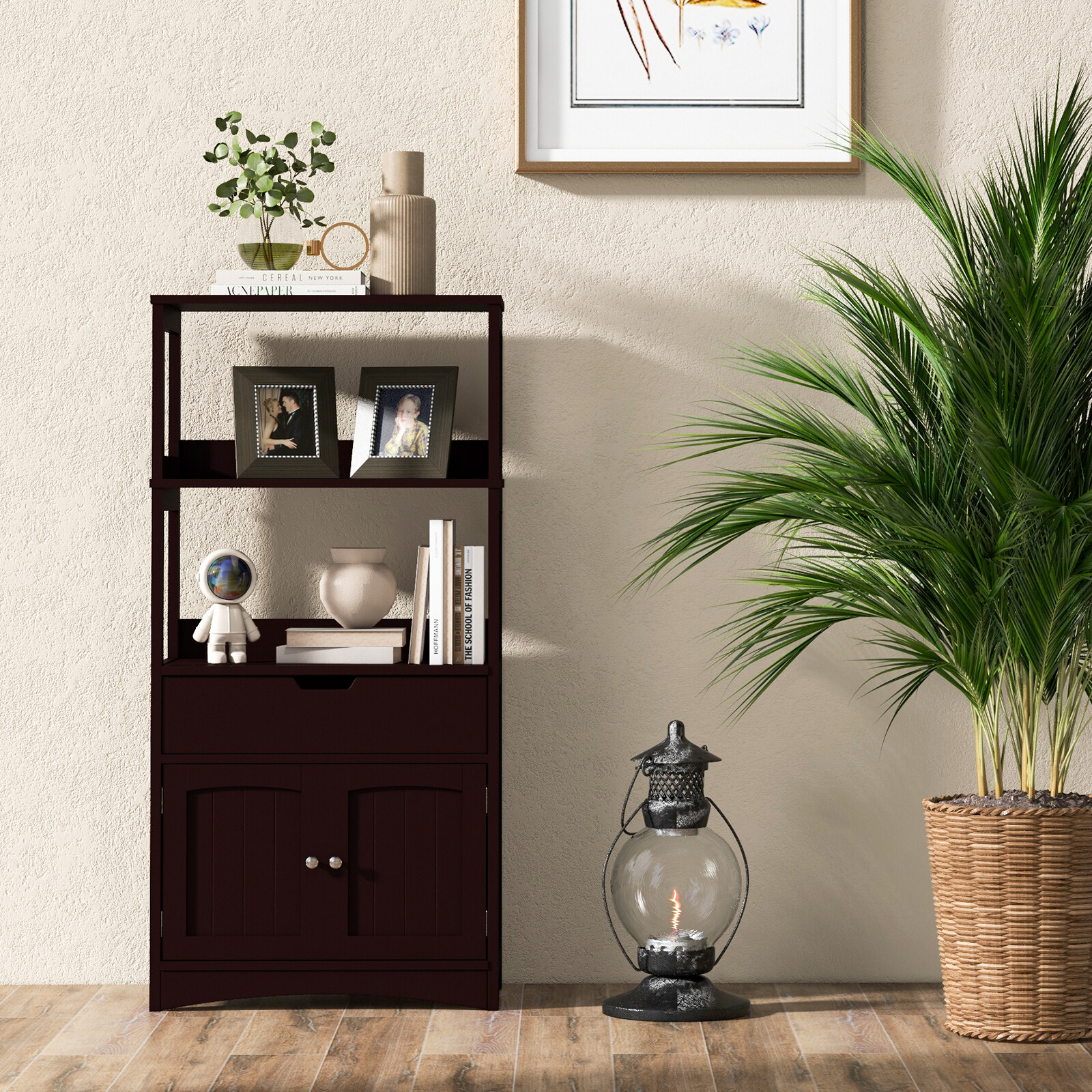 Costway Bathroom Storage Cabinet Shelf Cupboard Floor Cabinet w/Drawer Espresso-image