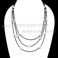 3Rows Faceted 3mm Bright Black Spinel Gems Natural White Pearl Necklace 18-20''