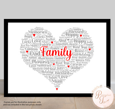 Personalised Family Heart Word Art Picture Print Relative Keepsake