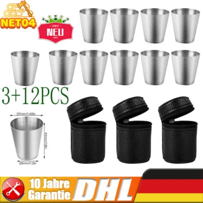 MARKENLOS Edelstahl Schnaps Becher Set 30ml Shot Gläser Metall Flachmann mit Leder Tasche