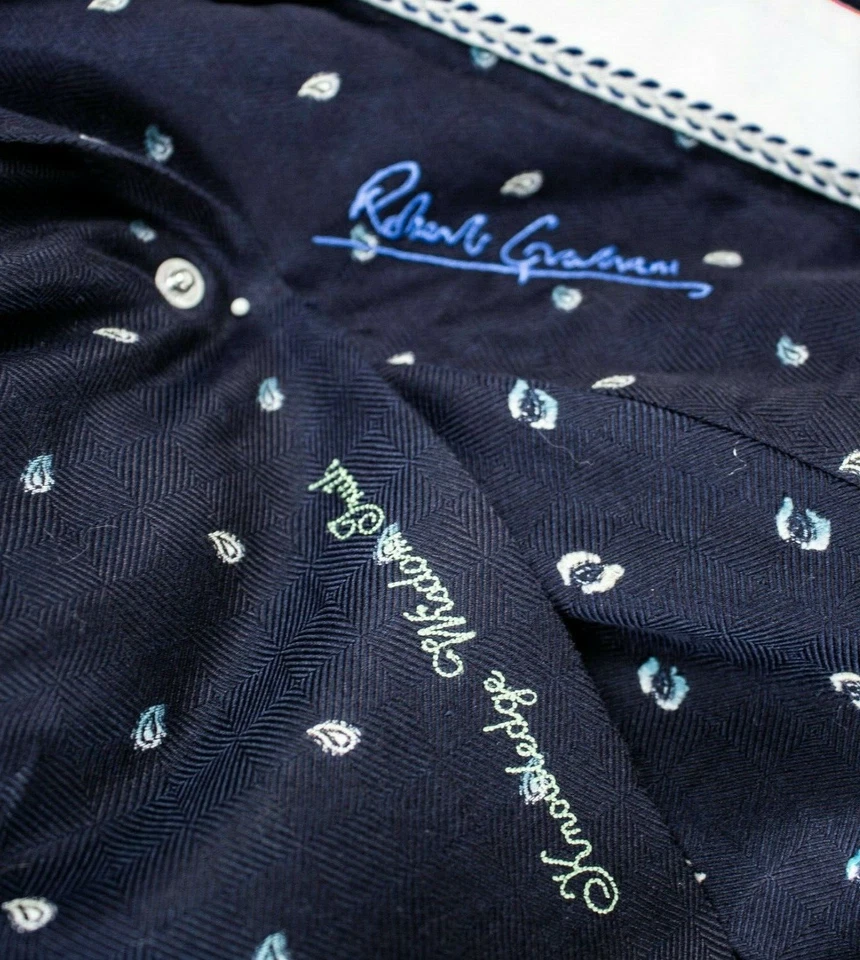 Camisa social masculina ROBERT GRAHAM punhos franceses azul marinho branca paisley algodão tamanho G - Imagem 2 de 4