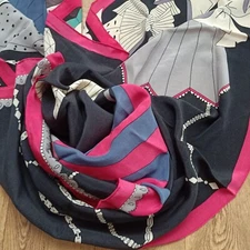 Vintage Silk Scarf Hand Painted wrap shaw Diamonds Stars Chains Black Pink 44.5”