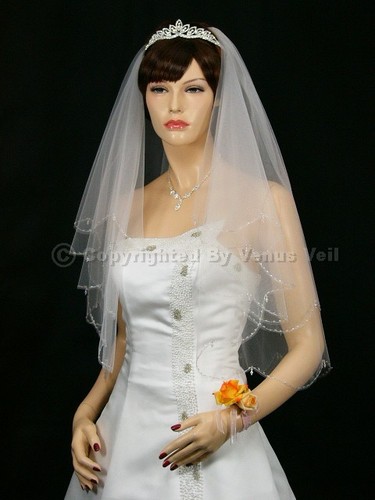 2T White Wedding Bridal AB Crystal Beaded Scallop Veil - Picture 3 of 5