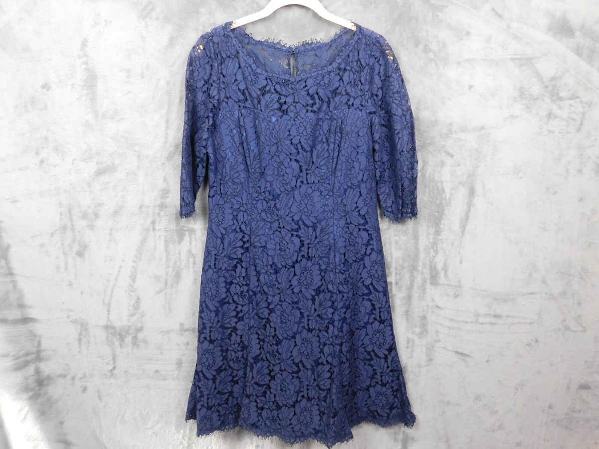 Eliza J Dress Womens 8 Blue Lace Cocktail 3/4 Sleeves Romantic Coastal