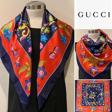 GUCCI Italy Vintage Silk Twill Butterflies  Flowers Scarf 88x88cm Handroll Hems