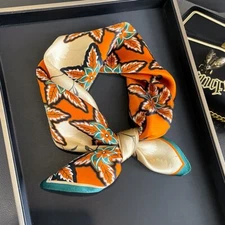 100% Silk 21" Square Scarf Women Neckerchief Kerchief Wrap Turban Orange Flower