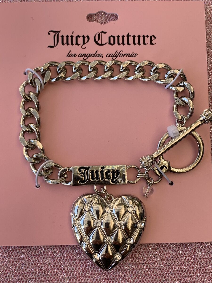 Juicy Couture Logo Big Silver Tone Heart Charm Link Chain Juicy Couture Logo Big Silver Tone Heart Charm Link Chain