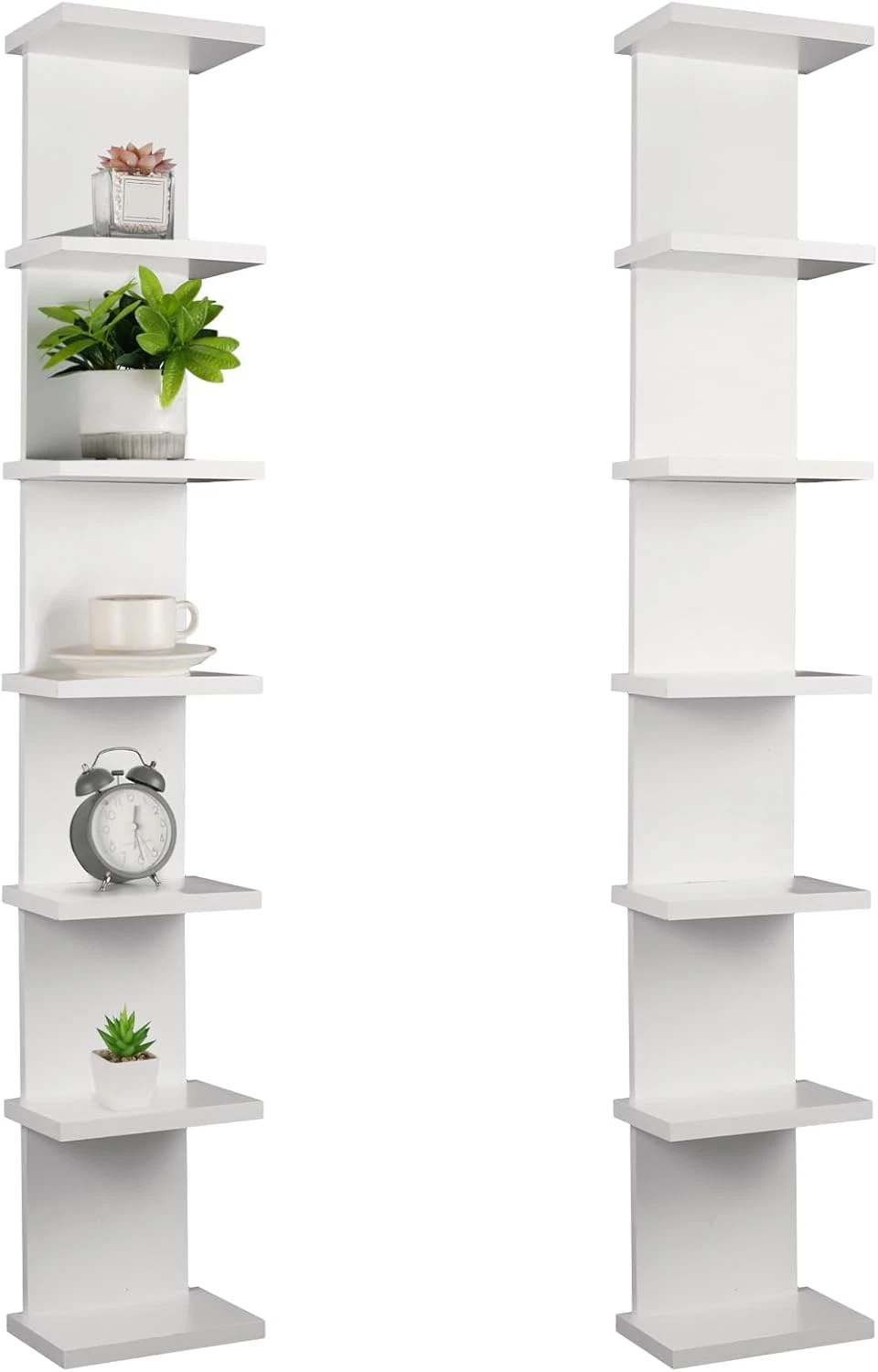 2 Pack 7 Tier Floating Wall Shelf - Compact Vertical Storage Organizer (White)
