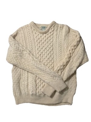 VTG Carraig Donn Irish Fisherman Sweater S Wool Chunky Cable Knit Cream Unisex