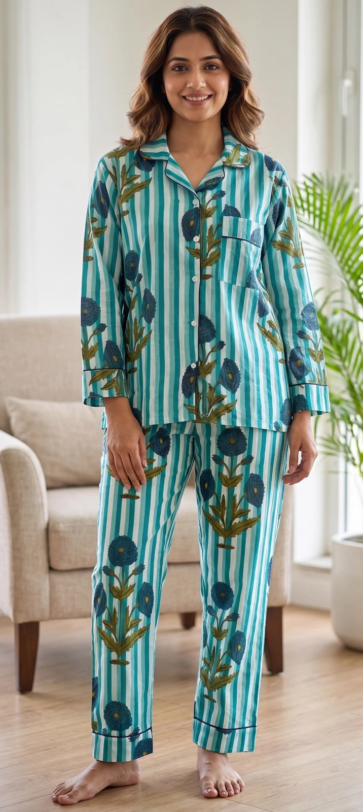 Cotton Blue Striped Floral Cotton Pajama Set Bridesmaid PJ Set Loose Clothing
Opens in a new window