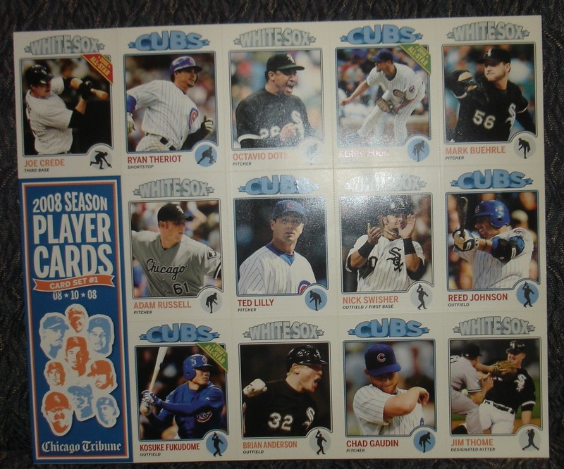 Uncut Sheet CHICAGO CUBS/WHITE SOX Player Cards 2008 Set #1  08/10/08 ChiTribune