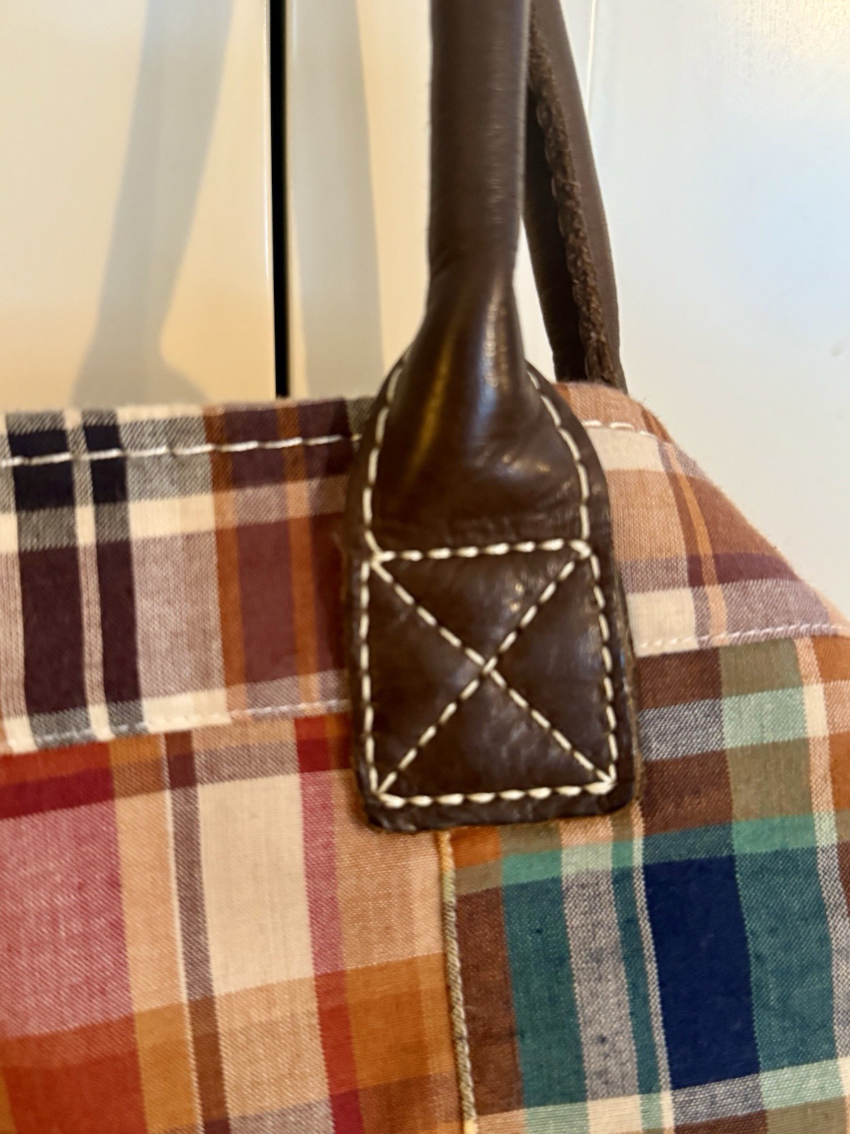 LL BEAN Plaid Patchwork Leather Handle LARGE Tote… - image 10