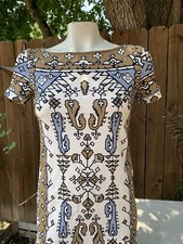 Tory Burch Pima Cotton Tan/Ivory/Blue Print Dress Women’s Size XXS - EUC