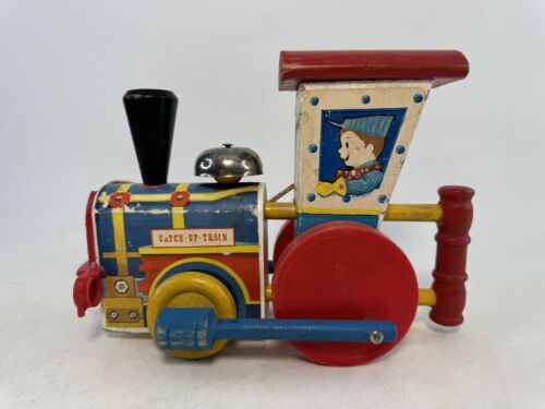 Vintage 1950s-60s Fisher Price Catch-Up-Train Rare Wooden Toy Working Metal Bell