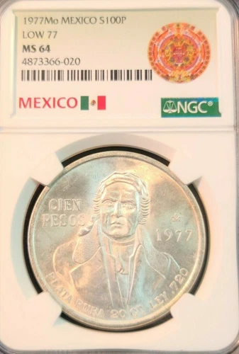 1977 MEXICO SILVER 100 PESOS S100P LOW 77 VARIETY NGC MS 64 BRIGHT FROSTY BU
