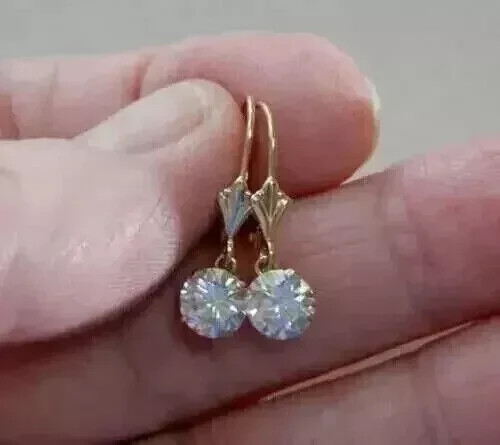 Women Drop Dangle Earrings 14k Yellow Gold Plated 2Ct Round Lab-Created Diamond - Picture 3 of 4