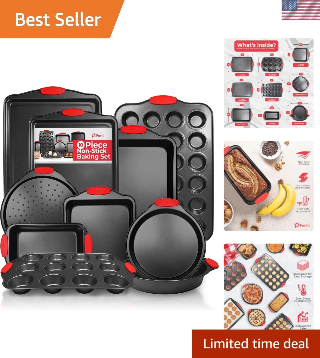 Non-Stick 10-Piece Baking Pan Set, BPA-Free Carbon Steel Bakeware Set with Si...