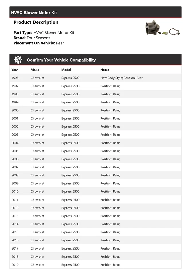 Kit de motor soplador de climatización trasero 4 estaciones 1997 Chevrolet Express 2500 1996-2019 Foto 2 de 3