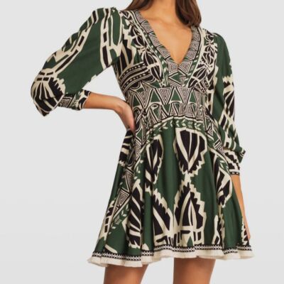 $575 PatBO Women's Green Fringe Trim V-Neck Long Sleeve Mini Dress Size US 2