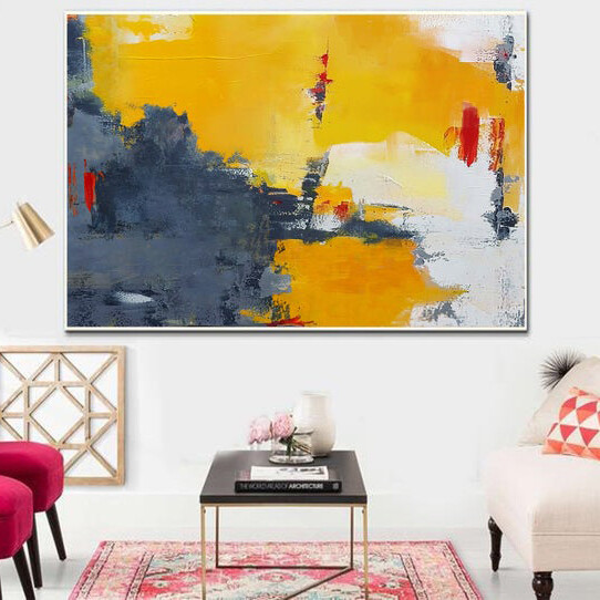 Yellow Abstract Painting Gray Abstract Art White Abstract Painting Large Wall