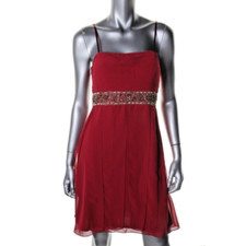 Sue Wong  Red Chiffon Beaded High Waist Carwash Pleats Party Dress 8 NEW 220
