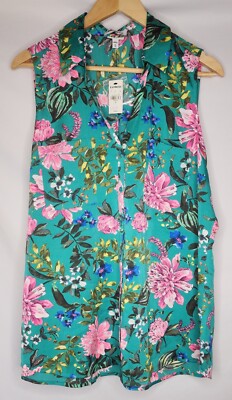 Express Portofino Slim Sleeveless Floral Button Up Top Size XL  Teal -NWT