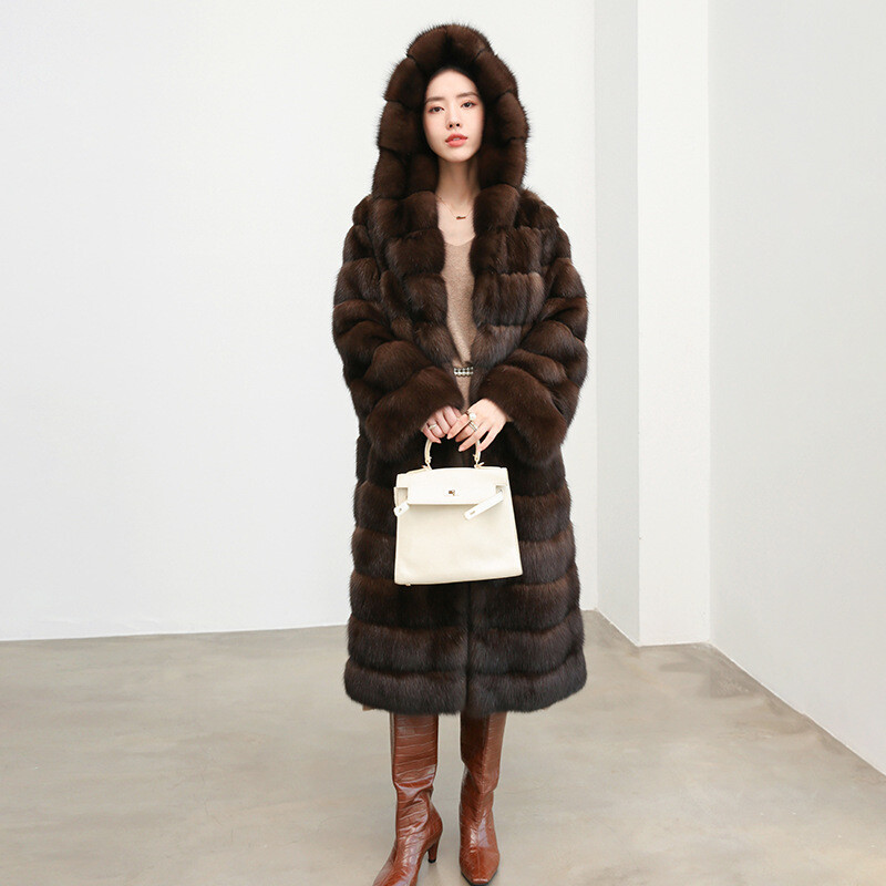 New Black Gold Mink Fur Hooded Jacket Women's Thick Warm Long Coat