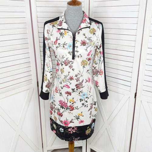 Pam & Gela Dress Women Medium Ivory Black Fineline Floral Track Sheath Mini