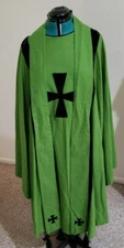 LITURGICAL CLERGY CHASUBLE VESTMENT W/STOLE GREEN WITH BLACK VELVET ORPHREY TRIM