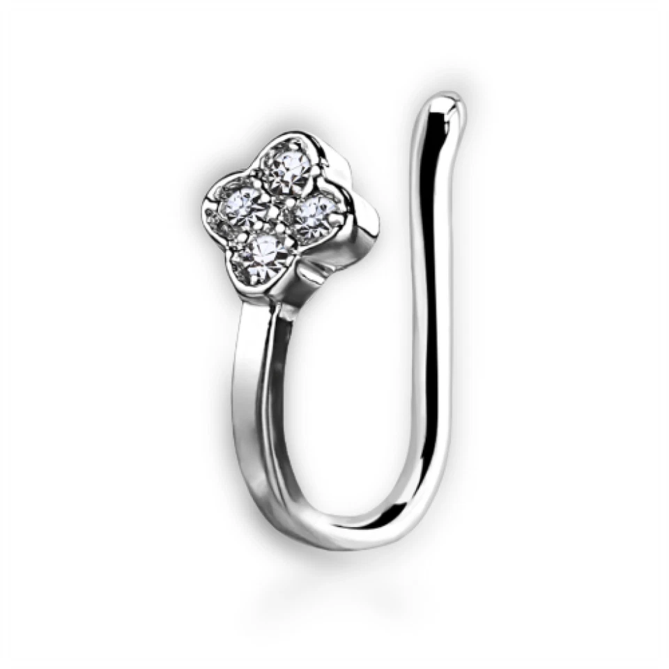 Clip On Naso Stud Flower Cuff 4CZ Cubic Zirconia Micro Pave Jewelry Non Forato - Immagine 4 di 4