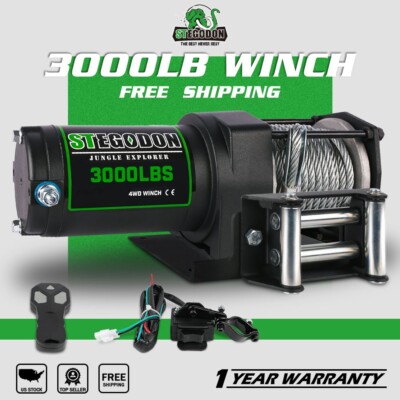STEGODON Electric Winch 3000lbs 12V DC Steel Cable Remote Off Road ATV/UTV
