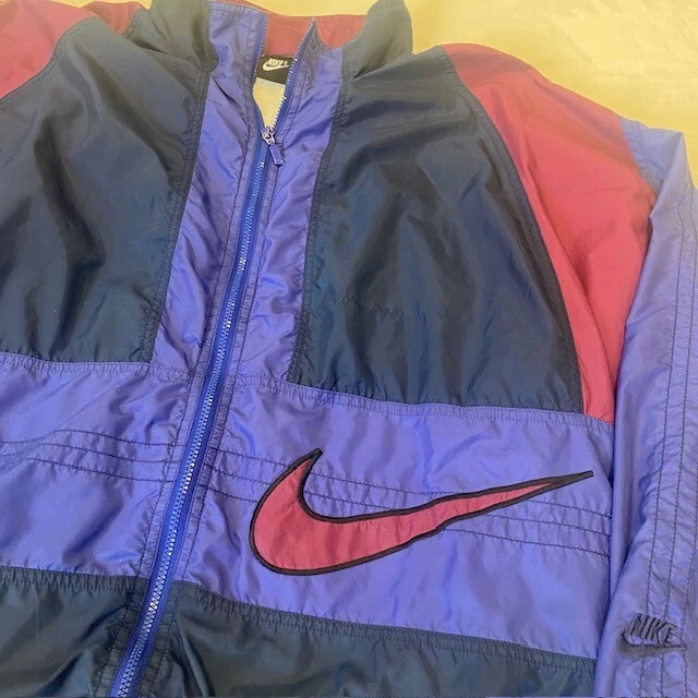 Chaqueta cortavientos vintage Nike para hombre L bloques de color púrpura azul rojo años 90 Swoosh Foto 3 de 4