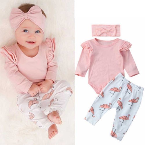 3-teilig Neugeborenes Baby Mädchen Kleidung Tops Strampler Body Druck Hose Stirnband Outfit - Bild 1 von 9