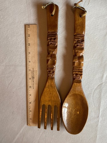 Vintage Tiki Totem Fork and Spoon Wall Decor Carved Wood 14” MCM Luau Salad - Picture 3 of 4