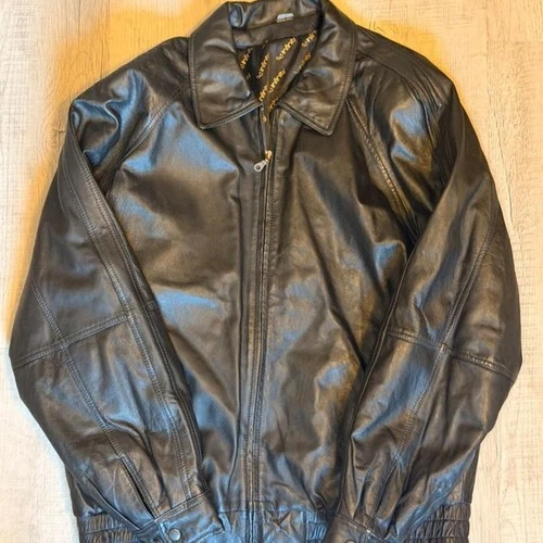 Black Leather Bomber Jacket - product listing photo