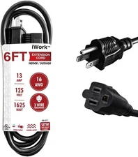 6ft Black Extension Cord, 16/3 SJTW Heavy-Duty, 3-Prong Grounded Plug, Weather-R