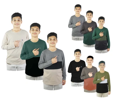 BAHOB 3 Pk Boys Long Sleeve T-Shirt Kids Multi Pack Round Neck Cotton Tee Top 3-14 Yrs