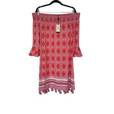 NWT Cabana Life Coral Geo Coverluxe Smocked Dress XL UPF 50+ Cover Up Tassel Hem