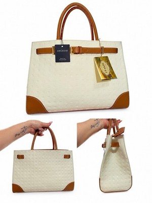 Arcadia Ivory/Brown Embossed Top Handle Satchel w/ Buckle, Hang Tag, Medium