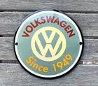 VINTAGE 6" Dome VOLKSWAGEN VW SINCE 1949 BEETLE GAS STATION PORCELAIN OIL SIGN
