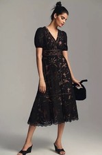 Anthropologie Ophelia Puff Sleeves Midi Black Lace Dress Size 18W Wedding Party