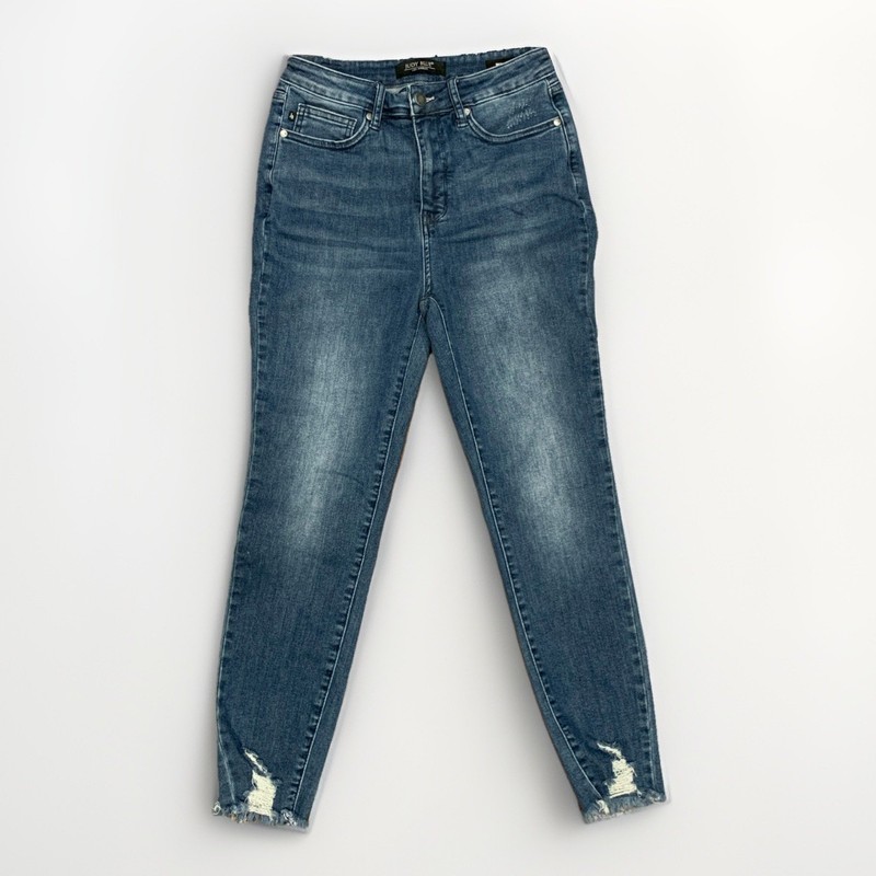 Judy Blue Skinny Fit Medium Wash Distressed Blue Denim Jeans Button SZ 7/28