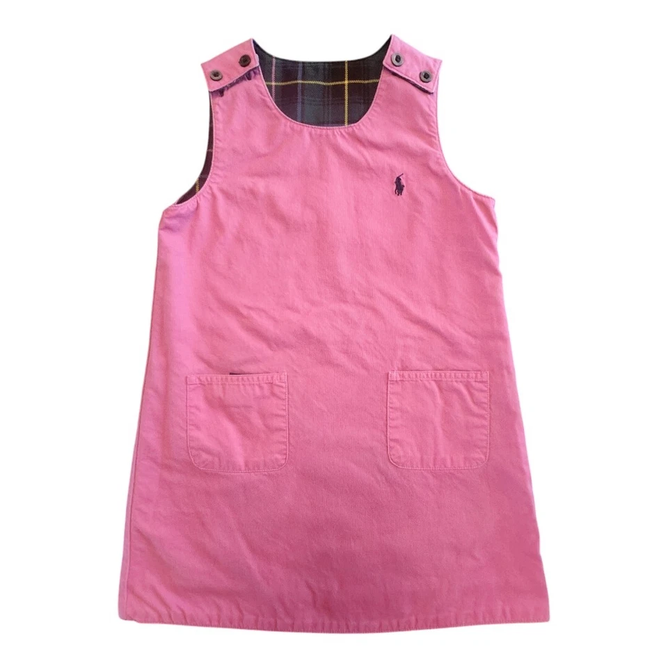RALPH LAUREN REVERSIBLE JUMPER DRESS,  GIRLS Sz 5 CORDUROY PLAID SHOULDER BUTTON - Image 2 of 4