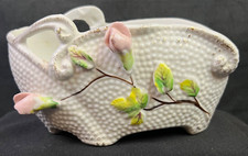 Vtg Ucagco MCM 50's White Dotted Ceramic Planter with Rose Leaf Design 5 1/2"L