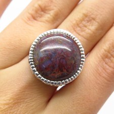 925 Sterling Silver Vintage Real Agate Gemstone Ornate Round Ring Size 8