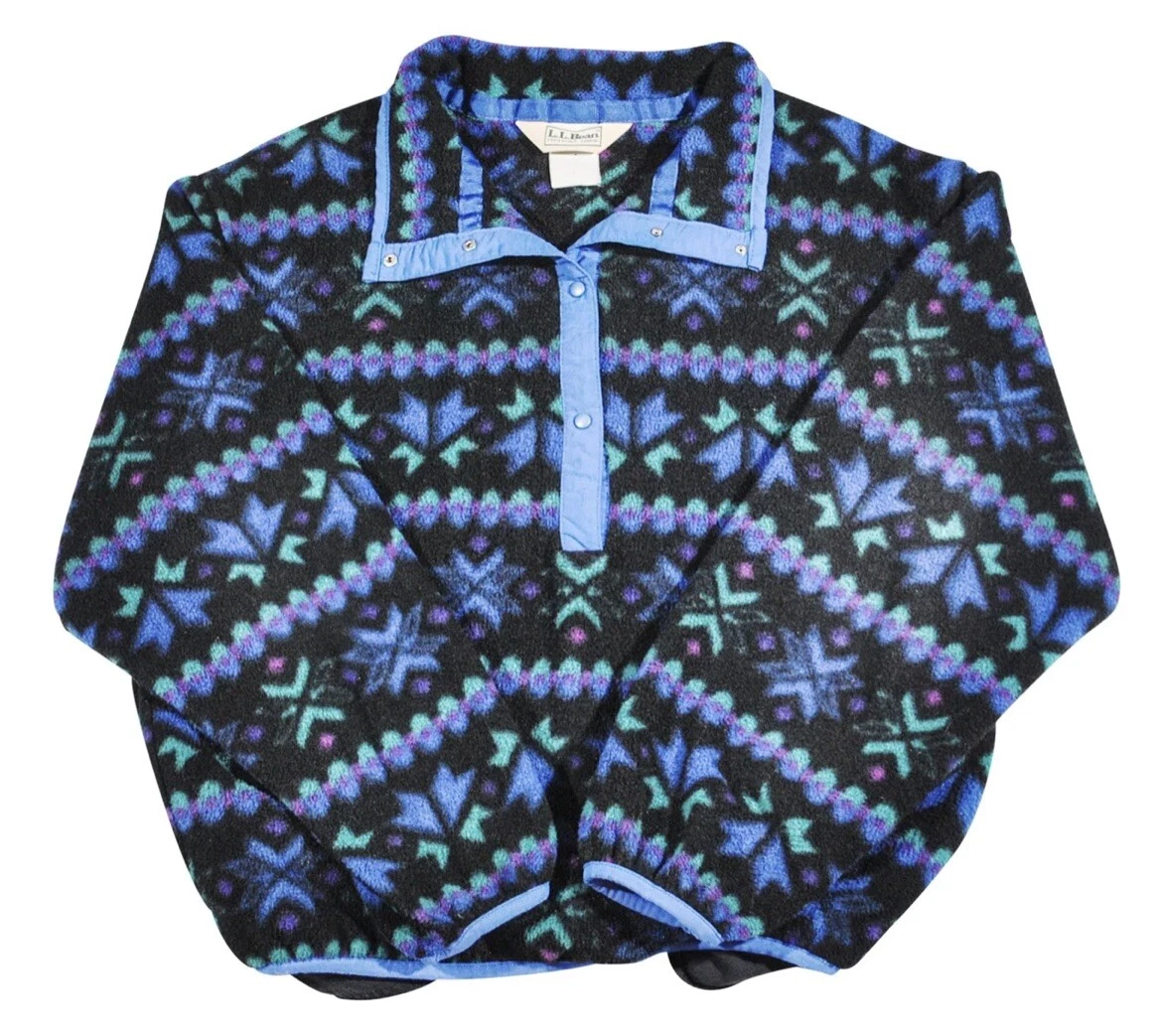 Vintage L.L. Bean 90s Pattern Aztec Print Jacket Black Blue Fleece Size Small