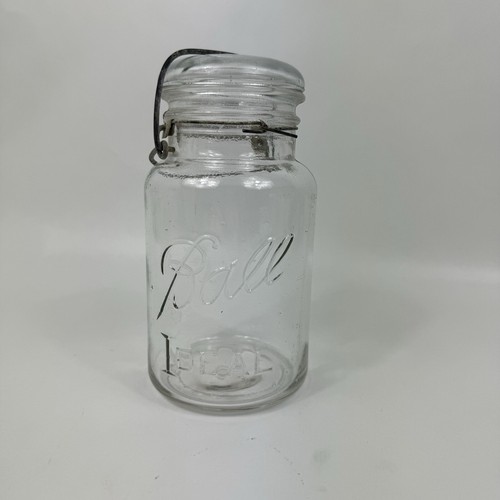 Vintage BALL IDEAL klar ein Quart Einmachglas mit Drahtbügel Glasdeckel markiert 6
