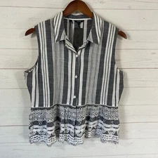 Buffalo by David Bitton Womens Button Front Tank Top Sz Large Gray Stripe Cotton